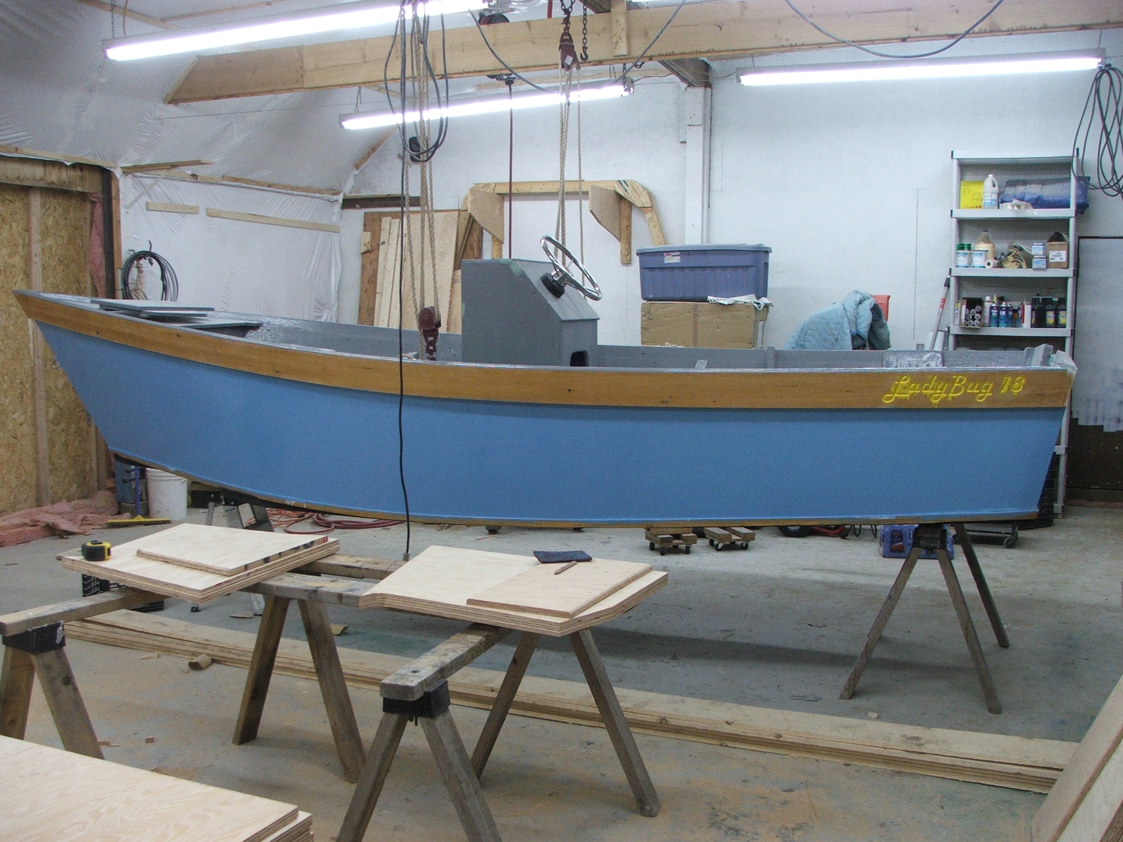 A Lady Bug Boats skiff under construction in Ken Martin's workshop
